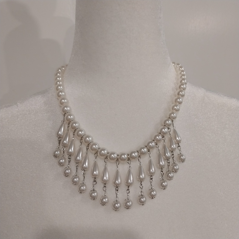 Faux Pearl and Silver Tone Collar Necklace